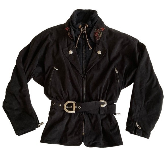 VTG Bogner Suede Embroidered Women’s Belted Ski Jacket Black Red 80s/90s Vintage - Picture 1 of 12